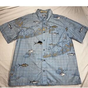 Columbia River Lodge Mens Medium Blue Fish Map Print Button Down Shirt Outdoors
